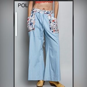 BPB226-2💙🧡POL perfection in Light Blue denim  Wide-Leg jeans w/ Floral Pockets